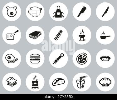 Bacon Icons Schwarz-Weiß Flat Design Kreis Set Groß Stock Vektor
