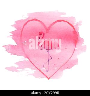 Aquarell rosa Flamingo auf rosa Herz isoliert auf weißem Hintergrund. Tropischer exotischer Vogel rosa Flamingo. Aquarell handgezeichnete Illustration. Drucken Stockfoto