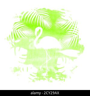 Silhouette von Flamingo und tropischen exotischen Pflanzen auf grünen Aquarell handgezeichneten Punkt. Tropischer exotischer Vogel isoliert vor Ort Hintergrund. Aquarell h Stockfoto