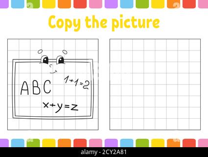 Kopieren Sie das Bild. Malbuch Seiten für Kinder. Arbeitsblatt zur Entwicklung von Schulungen. Spiel für Kinder. Zurück zur Schule. Handschriftverfahren. Komischer Charakter Stock Vektor