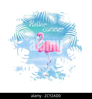 Hallo Sommer Schriftzug rosa Flamingo blau Poster Banner Hand gezeichnet Aquarell-Spot Illustration. Tropischer Vogel Flamingo, tropische exotische Pflanzen. Konz Stockfoto