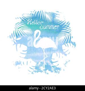 Hallo Sommer Schriftzug Flamingo blau Poster Banner Hand gezeichnet Aquarell-Spot Illustration. Silhouette von Flamingo, tropischen exotischen Pflanzen. Konzept su Stockfoto