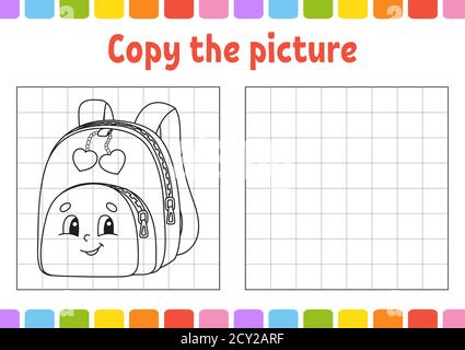 Kopieren Sie das Bild. Malbuch Seiten für Kinder. Arbeitsblatt zur Entwicklung von Schulungen. Spiel für Kinder. Zurück zur Schule. Handschriftverfahren. Komischer Charakter Stock Vektor