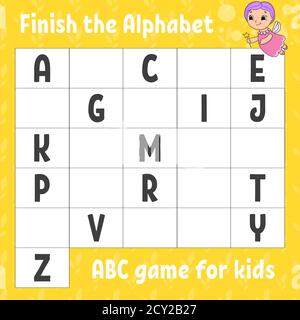 Das Alphabet fertig stellen. ABC-Spiel für Kinder. Arbeitsblatt zur Entwicklung von Schulungen. Lernspiel für Kinder. Aktivitätsseite Farbe. Stock Vektor