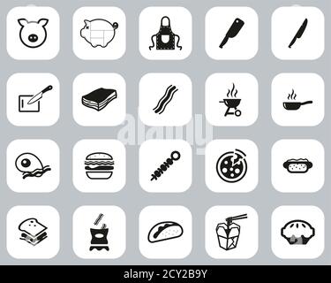 Bacon Icons Schwarz & Weiß Flat Design Set Groß Stock Vektor