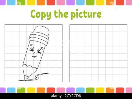 Kopieren Sie das Bild. Malbuch Seiten für Kinder. Arbeitsblatt zur Entwicklung von Schulungen. Spiel für Kinder. Zurück zur Schule. Handschriftverfahren. Komischer Charakter Stock Vektor