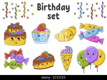 Set von Aufklebern mit niedlichen Comic-Figuren. Alles gute zum Geburtstag. Von Hand gezeichnet. Bunte Packung. Vektorgrafik. Patch Badges Kollektion. Bezeichnung des Stock Vektor