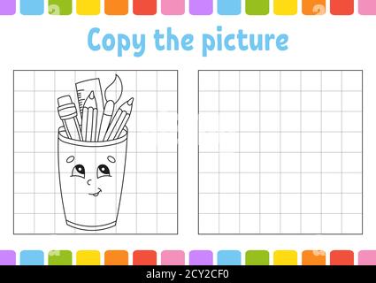 Kopieren Sie das Bild. Malbuch Seiten für Kinder. Arbeitsblatt zur Entwicklung von Schulungen. Spiel für Kinder. Zurück zur Schule. Handschriftverfahren. Komischer Charakter Stock Vektor