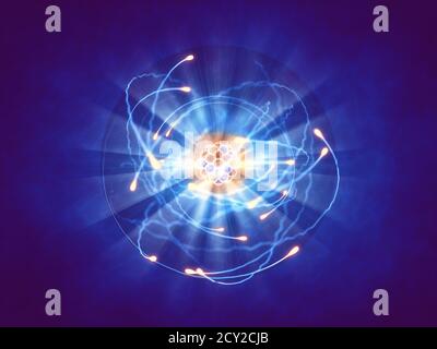 Einzelatom und seine Elektronenwolke, Quantenmechanik und Atomstruktur Stockfoto