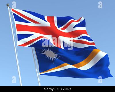 Zwei wehende Staatsflaggen von Großbritannien und den Marshallinseln am blauen Himmel. Hochwertiger Geschäftshintergrund. 3d-Illustration Stockfoto