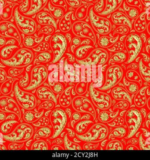 Paisley Gold rot Nahtloses Muster. Handgezeichnete goldene traditionelle asiatische ethnisch orientalischen arabischen indischen floralen Paisley Batik Elemente Ornament. Ornamenta Stockfoto