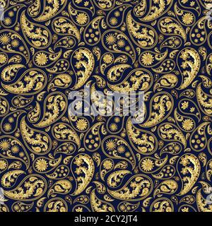 Paisley Gold und tiefblaues Nahtloses Muster. Handgezeichnete goldene traditionelle asiatische ethnisch orientalischen arabischen indischen floralen Paisley Batik Elemente Ornament. Stockfoto