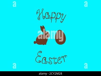 Osterhase Kaninchen Ei Jagd Hintergrund. Teal Happy Easter Vorlage Design handgezeichnete Illustration. Grußkarte mit Kaninchen Hase Ei und Text. Stirn Stockfoto