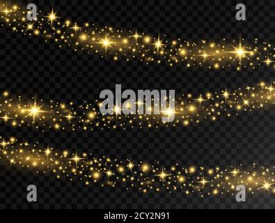 Weihnachten glühende Lichter. Helles, goldenes Girlande-Licht. Feiertagsdekoration mit leuchtenden Sternen und Glitzer. Party Design Elemente für Weihnachtskarten Stock Vektor