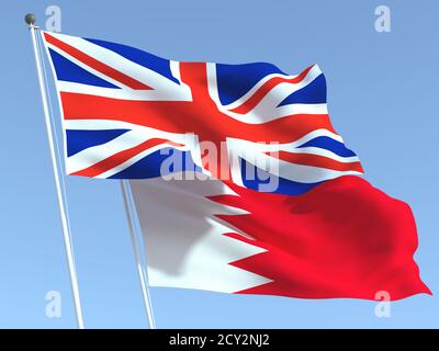 Zwei wehende Staatsflaggen von Großbritannien und Bahrain am blauen Himmel. Hochwertiger Geschäftshintergrund. 3d-Illustration Stockfoto