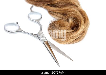 Professionelle Friseurschere und eine Sperre von blondem Haar auf weißem Hintergrund isoliert. Stockfoto