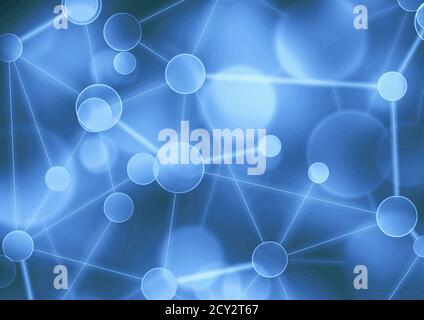 Abstrakter Netzwerkhintergrund. Neuronales, soziales Netzwerk Blockchain Network Science Connection Structure Concept. Virtueller blauer Hintergrund mit Partikel mol Stockfoto