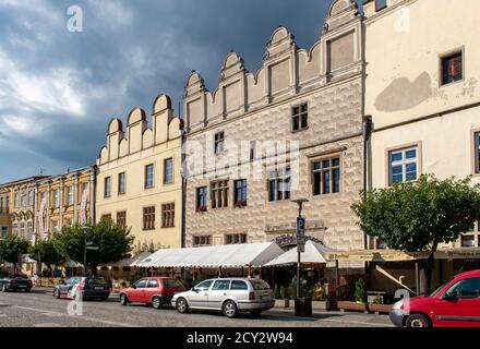 Renaissance-Häuser auf dem Hauptplatz von Slavonice, Tschechische Republik Stockfoto