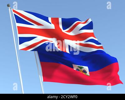 Zwei wehende Staatsflaggen von Großbritannien und Haiti am blauen Himmel. Hochwertiger Geschäftshintergrund. 3d-Illustration Stockfoto