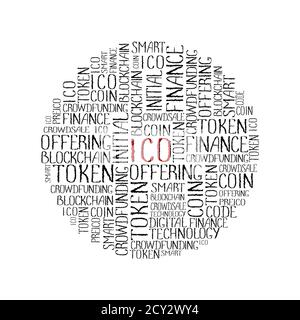 ICO Initial coin offering Concept in Tag Circle Cloud. Startup Crowdfunding, Blockchain Technologie Textur. ICO Konzept Wörter Muster auf weißem Hintergrund Stockfoto