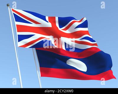 Zwei wehende Staatsflaggen von Großbritannien und Laos am blauen Himmel. Hochwertiger Geschäftshintergrund. 3d-Illustration Stockfoto