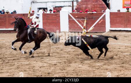 Ambato, Ecuador - Mar 15, 2015 - Stierkämpfer zu Pferd Duelle mit Stier während Karneval Stockfoto