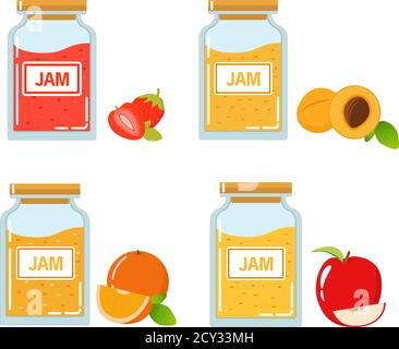 Glas Glas mit Marmelade und Obst-Segment und ganz orange, Stücke von roten Apfel in flachem Stil ein Vektor. Stock Vektor