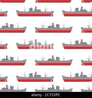 Nahtloses Seemuster mit der Ladung Dampfschiffe Versand Lieferung von Waren. Stock Vektor