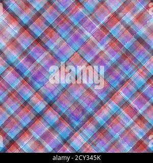 Bunte Grunge madras Tartan kariert diagonal abstrakt geometrisch nahtlose Hintergrund. Aquarell Hand gezeichnet nahtlose Muster mit lila rot blau und p Stockfoto