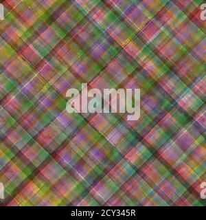 Bunte Grunge madras Tartan kariert diagonal abstrakt geometrisch nahtlose Hintergrund. Aquarell von Hand gezeichnetes Nahtloses Muster mit Farbstreifen. Wallpa Stockfoto