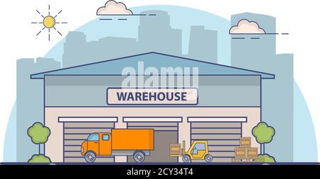 Bau eines Lagerhauses mit LKW bei Lieferung und der Gabelstapler in flacher linearer Ausführung ein Vektor. Stock Vektor