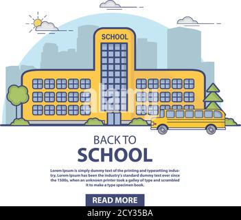 Das Gebäude der Stadt hoch-und Grundschule mit dem gelben Bus. Stock Vektor
