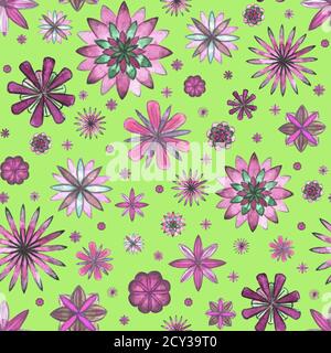 Abstraktes florales Ethno-Boho-Nahtloses Muster. Aquarell handgezeichnet rosa magenta lila Blumen auf Gras grünen Hintergrund. Tapete, Verpackung, textil Stockfoto