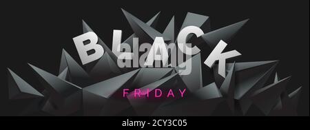 Black Friday Banner mit 3d-Rendering, abstrakter schwarzer Kristall Hintergrund, facettierte Textur, Panorama, breite Panorama polygonale Tapete, Vektor Stock Vektor