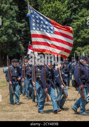 Union Soldaten während des Bürgerkriegs Reenactment an Duncan Mühlen marschieren am 14. Juli 2014 Stockfoto