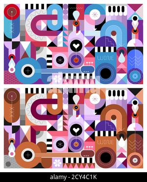 Zwei Möglichkeiten der abstrakten Kunstkomposition von Weinflaschen und Musikinstrumenten. Vektordarstellung des geometrischen Stils. Kann als nahtloser Hintergrund verwendet werden Stock Vektor