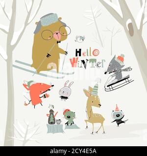 Cartoon niedliche Tiere treffen Winter im Wald Stock Vektor