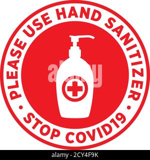 Bitte verwenden Sie die Schilder oder Sticker von Desinfektionsmittel, um das Risiko zu verringern, Coronavirus Covid-19 zu fangen. Vektorzeichen. Stock Vektor