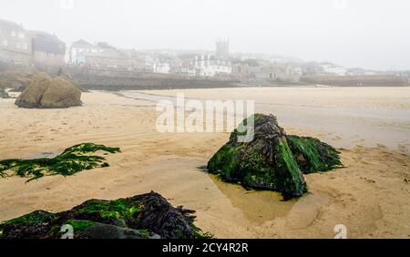 Felsen bei Ebbe an einem nebligen Morgen in freigelegt St. Ives Hafen Stockfoto