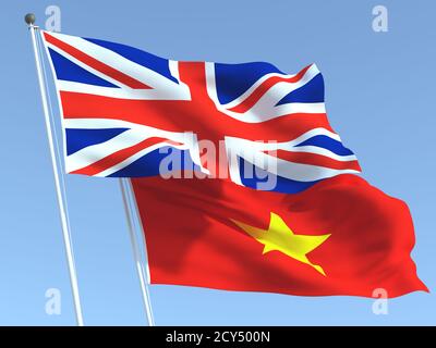 Zwei wehende Staatsflaggen von Großbritannien und Vietnam am blauen Himmel. Hochwertiger Geschäftshintergrund. 3d-Illustration Stockfoto