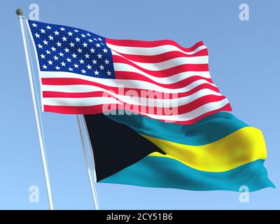 Zwei wehende Staatsflaggen der Vereinigten Staaten und Bahamas am blauen Himmel. Hochwertiger Geschäftshintergrund. 3d-Illustration Stockfoto