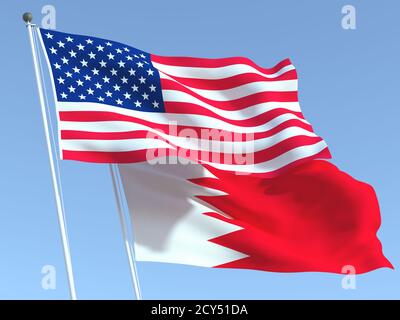 Zwei wehende Staatsflaggen der Vereinigten Staaten und Bahrain am blauen Himmel. Hochwertiger Geschäftshintergrund. 3d-Illustration Stockfoto