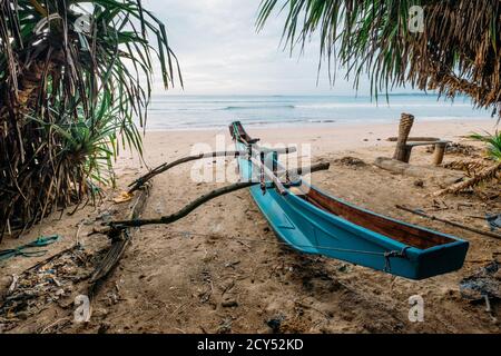 Alte Tradition Sri Lanka Fischerboot auf der sandigen indischen Ozeanküste zwischen den Palmen in der Nähe der Weligama, Matara District. Alte asiatische Tradition Stockfoto
