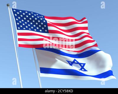 Zwei wehende Staatsflaggen der Vereinigten Staaten und Israels am blauen Himmel. Hochwertiger Geschäftshintergrund. 3d-Illustration Stockfoto