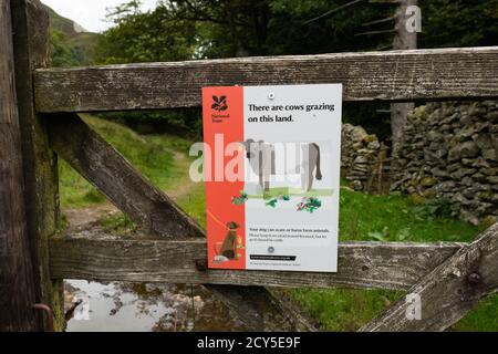 Hinweis des National Trust für Hundewanderer im Glenamara Park, Lake District, England, Großbritannien Stockfoto