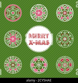 Set von festlichen handgezeichneten Weihnachten Schneeflocke Dekorationen Designs. Acht Schneeflocken-Rundel-Kollektion. Vektorgrafik Stock Vektor