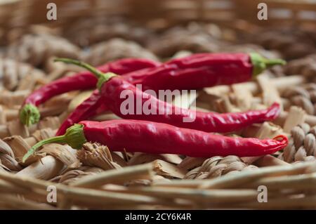 Einige rote Chilischoten trocknen in der Luft auf einem Hellbraune Korboberfläche Stockfoto
