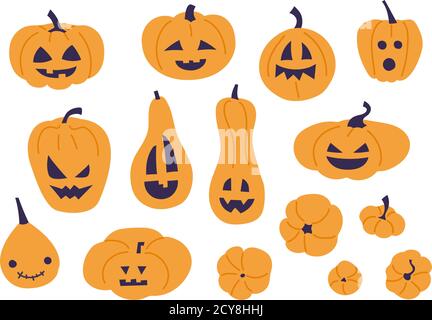 Set of vector illustrations for Halloween design isolated on a white background. Pumpkin collection. Scary, smiling, funny orange pumpkins. Stock Vektor