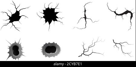 Einschussloch und geschliffene Risse gesetzt. Metall Einzel-und Doppel-Bullet-Loch, Schaden-Effekt. Erdbeben und Bodenrisse, Craquelure und beschädigte Textur. Vektor-Illustrationen Erdbeben, Absturz, Zerstörung Stock Vektor