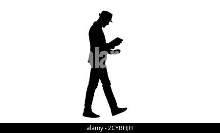 Silhouette Casual Mann mit Tablet und lächeln beim Aufwachen. Stockfoto